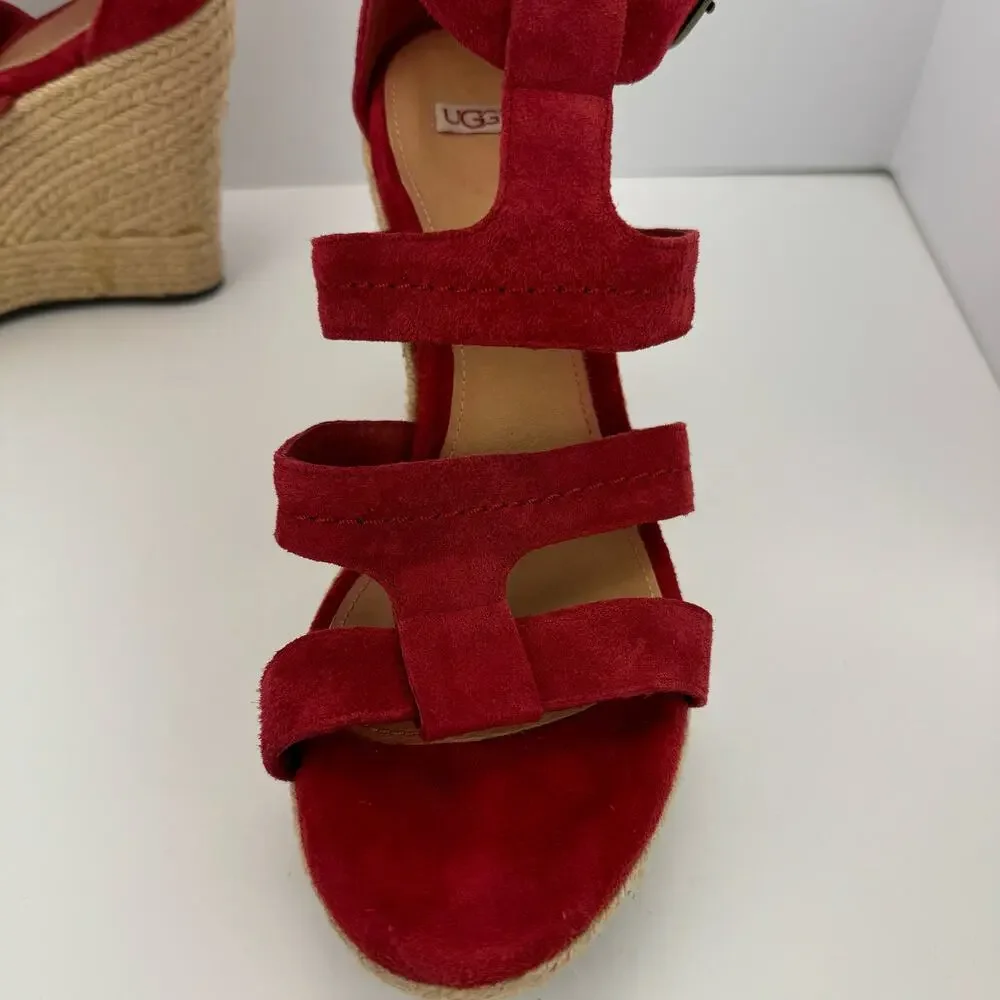 Ugg‎ Red Lauri Suede Leather Espadrille Platform Wedge Sandals Sz 9.5